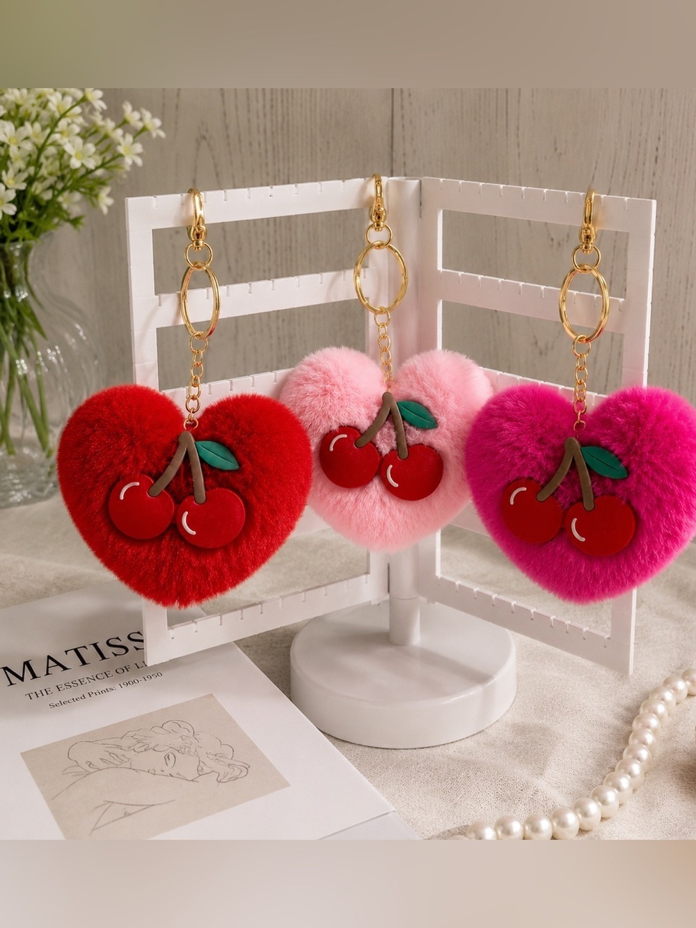 Heart Cherry Pom Pom Keychain